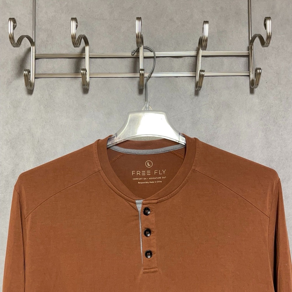 Free Fly Shirt Men L Brown Henley Bamboo Blend Stretch Active Workout L/S Tee - Picture 1 of 8